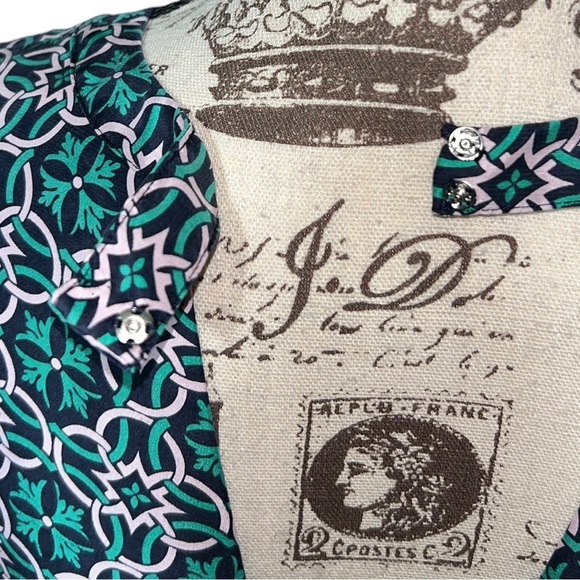 J. Crew Dress Sz 4 Navy Green Medallion Short Sleeve Shift Swoop Neck Lined - Picture 8 of 15